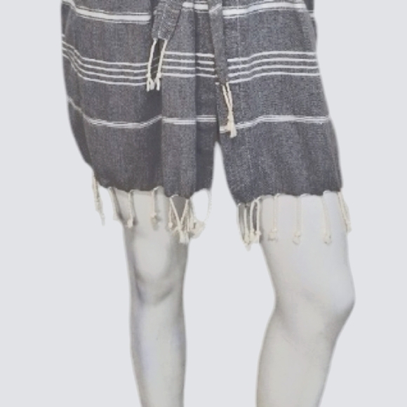 Gray Bohemian Coastal Striped Fringe Hem Belted Kimono Cardigan Size L - Picture 8 of 9